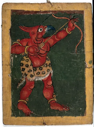 A red Tibetan demon with a parrot's head shooting an arrow from a bow