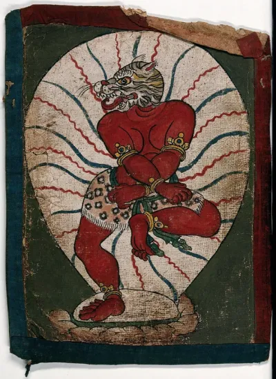 A red Tibetan demon with a tiger's head, raising one leg