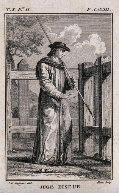 A referee or scorer at a tournament, wearing a long cloak and holding a long staff