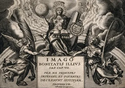 A regal Mary (or Wisdom?), as the Church of the Last Judgement, flanked by angels