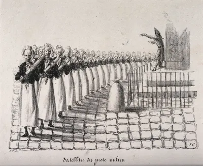 A regiment of clyster-wielding apothecaries orchestrated by General George Mouton de Lobau; representing his use of water-cannons in quelling riots