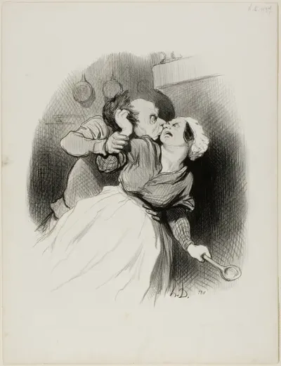 A Return of Youth. “Yell as much as you like, you little devil you.... my wife isn't home.... tear out my hair to your heart's content!,” plate 50 from Les beaux Jours de la vie