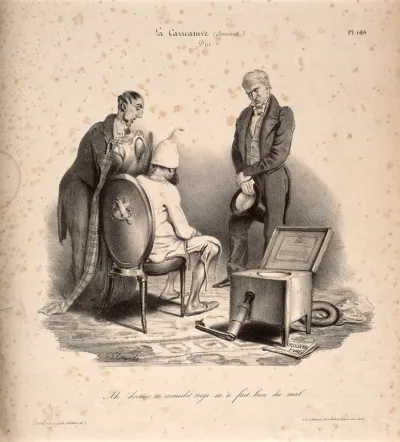 A revolutionary complains of bowel problems to a doctor; a clyster seat waits nearby