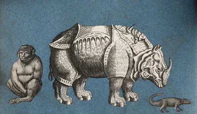 A rhinoceros, a monkey and a lizard