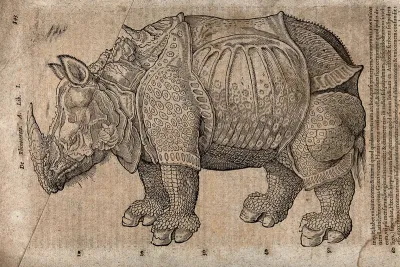 A rhinoceros. Woodcut after A. Dürer