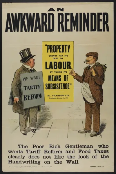 A rich man and a workman arguing about the budget introduced by the Liberal Government in the United Kingdom