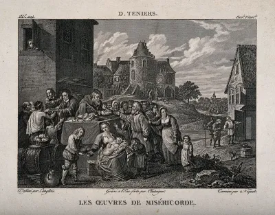 A rich man and his servant hand out food and alms to the poor and hungry