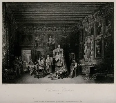 A richly decorated interior, in which the elderly painter Titian shows a painting to a seated client