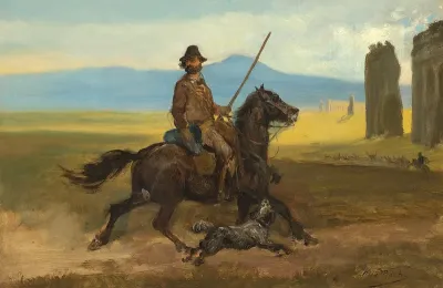 A rider and his dog in the landscape outside Rome.