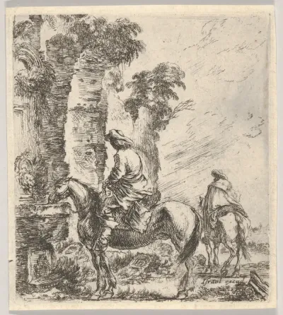 A rider making his horse drink from a basin of a fountain at left, another horseman seen from behind riding towards the left in the background, plate 19 from "Various figures and doodles" (Diverses figures et griffonnemens)