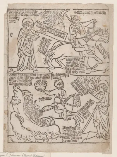 A Rider on a Black Horse with a Pair of Balances in His Hand; and A Pale Horse with Death as Its Rider, from an Apocalypse blockbook, 2nd edition