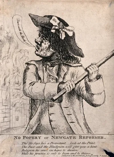 A rioter in the Gordon Riots has a cudgel in his hand and Newgate Prison is on fire in the background
