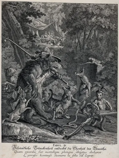 A riotous gang of drunken animals is led by a bear with a feathery hat and a walking stick