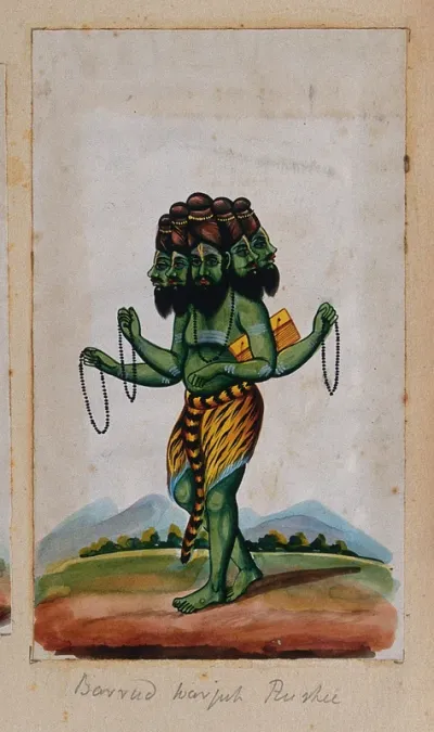 A rishi (hindu teacher with mystical knowledge) with five heads and four arms, holding prayer beads in three hands and a manuscript in the fourth