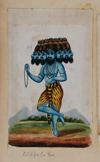 A rishi with seven heads standing on one foot, wearing a tiger skin and holding prayer beadsin his hand