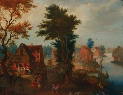 A river landscape with boats and carriages by a village