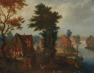 A river landscape with boats and carriages