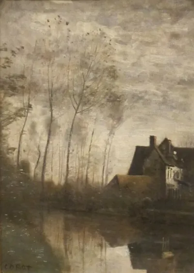 A River Scene with Houses and People