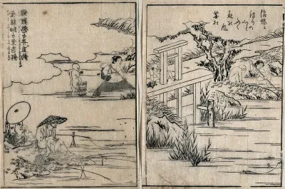 A riverbank scene with fishermen, one of whom is wearing spectacles
