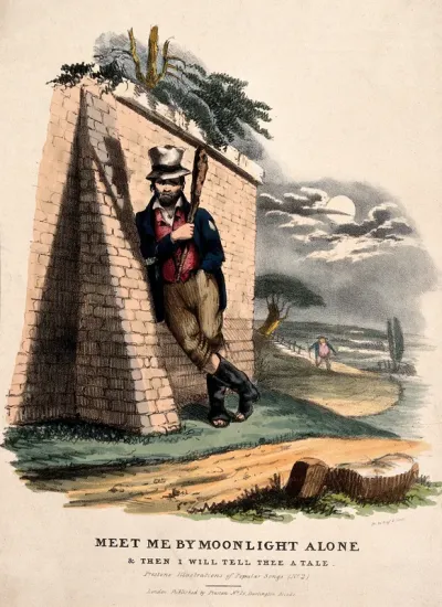 A robber holding a cudgel is leaning against a wall waiting to attack and rob a man who is walking along a path under a full moon