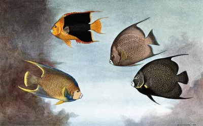 A rock beauty, a black angel fish, a blue angel fish and a french angel fish swimming in the sea