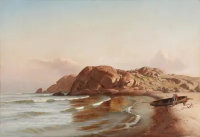 A rocky coast with fishermen.