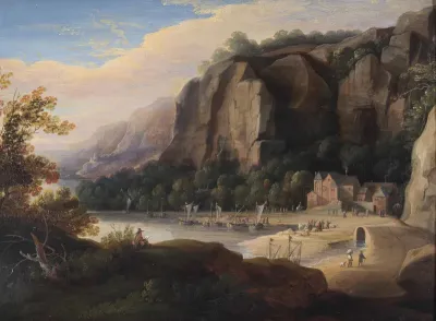 A rocky cove with fisherfolk on the shore, an artist sketching in the foreground
