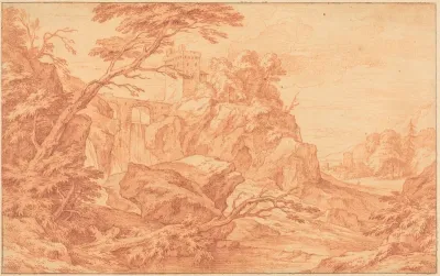 A Rocky Landscape with a Stone Tower and a Waterfall