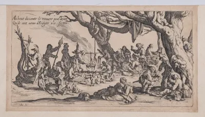 A Roma camp [historically known as Le Halte des Bohémiens: Les Apprêts du Festin (The Gypsy Stopover: The Preparations for the Feast) , from "Le Bohémiens, série appelée aussi Les Égyptiens, La Marche des Bohémiens, La Vie Errante des Bohémiens, Les 