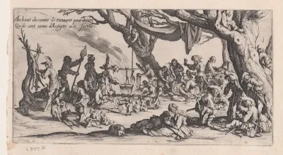 A Roma camp [historically known as Le Halte des Bohémiens: Les Apprêts du Festin (The Gypsy Stopover: The Preparations for the Feast), from "Le Bohémiens, série appelée aussi Les Égyptiens, La Marche des Bohémiens, La Vie Errante des Bohémiens, Les M