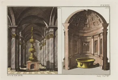 A Roman bath-house: left, a fountain; right, a tub