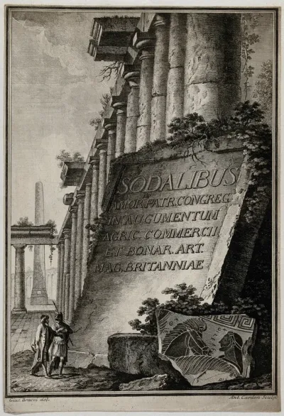 A Roman soldier and an old man walking among colossal Greek and Roman inscriptions and reliefs; a Greek fragment representing horses and a man's head in the foreground