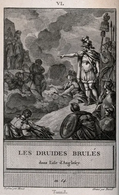 A Roman soldier is ordering the burning of the druids who are tied to a stake