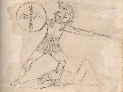 A Roman soldier throws a javelin over a dead body