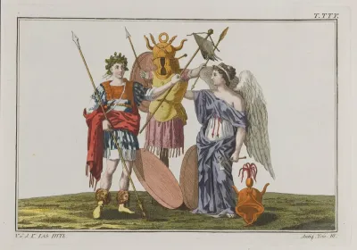 A Roman trophy. Coloured engraving, ca. 1804-1811