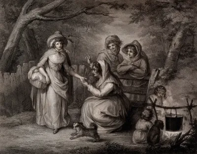 A Romany fortune-teller is reading the palm of a young woman suffering unrequited love; two other Romany women are leaning over a fence and children are sitting around a fire