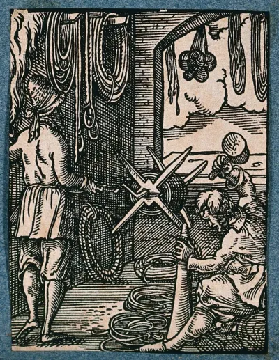 A ropemaker and his assistant making ropes for use in ships, building, and hunting