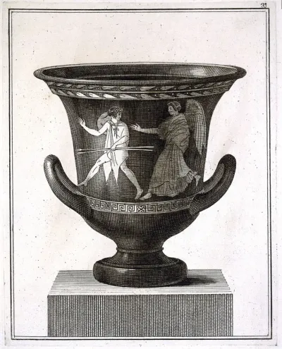 A round wine-mixing bowl (calyx krater) painted with the hunter Cephalos being pursued by Eos (Dawn)
