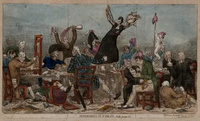 A rowdy dinner of British political radicals at John Horne Tooke's house in Wimbledon: Tooke and Burdett wear bonnets rouges