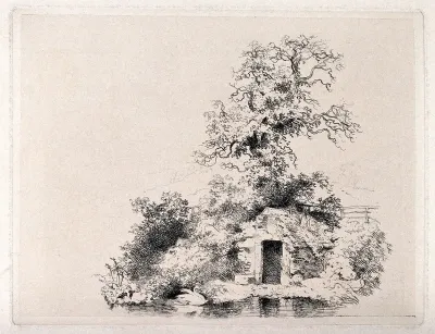 A ruined cottage (?) by a lakeside