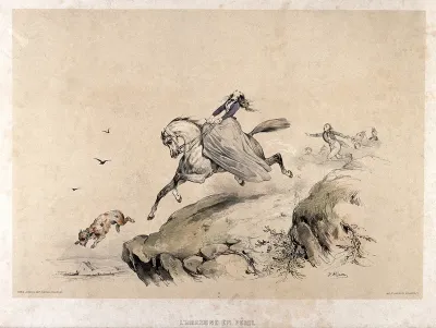 A runaway horse approaches the edge of a cliff while the young woman rider pulls desperately on its reins