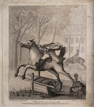 A runaway horse has upturned an apple cart and the rider is hanging on to the reins