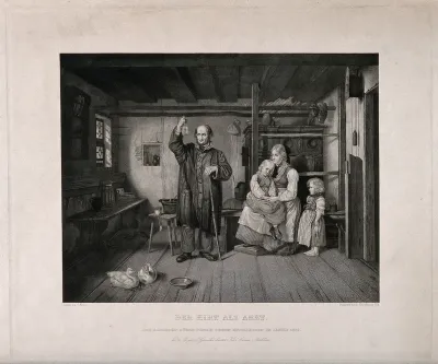 A rural medical practitioner examining a urine specimen, a concerned mother with two children sitting near him