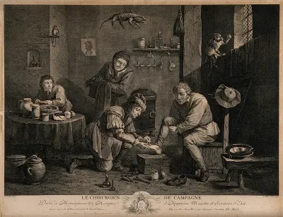 A rural surgeon treating a male patient's foot, in the background an assistant is mixing a concoction with a pestle and mortar in a surgery