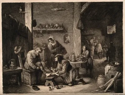 A rural surgeon treating an elderly man's foot, in the background an assistant is mixing a concoction with a pestle and mortar amidst a busy workshop