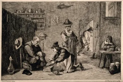A rural surgeon treating an elderly man's foot, in the background an assistant is mixing a concoction with a pestle and mortar in a surgery