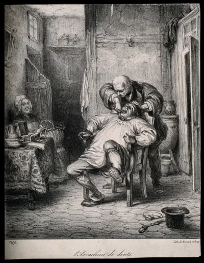 A rural tooth-drawer in his surgery extracting a tooth from a patient