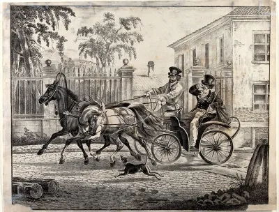 A Russian gentleman being driven in a two-horse town carriage (or droschki), while a small dog runs alongside