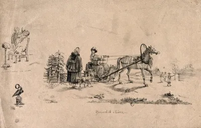 A Russian (?) in his sleigh talking to a man with a dog: to the left is a barber dressing a man's hair, beneath which there is an eagle