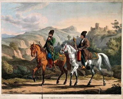 A Russian nobleman riding with his servant and smoking a hooka